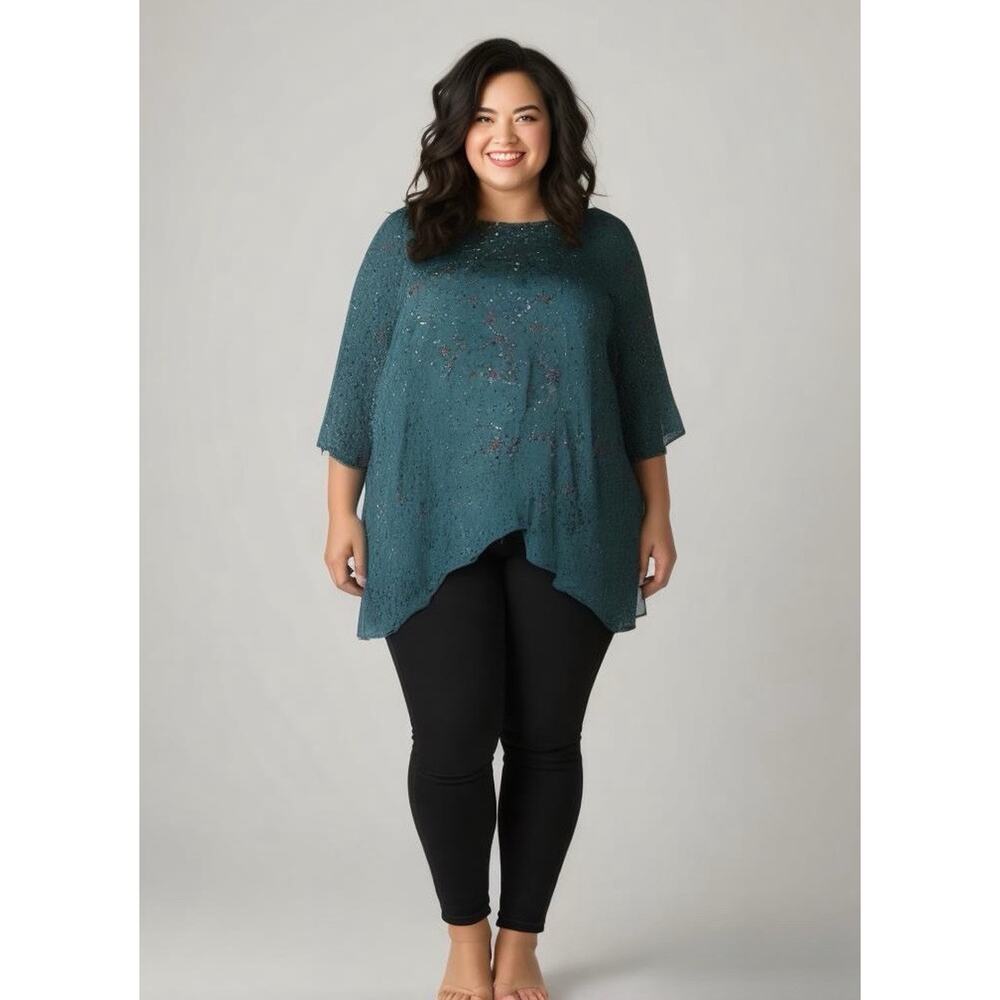 Lane Bryant Women's Green Speckle Tie Front Round Neck High Low Tunic 14/16